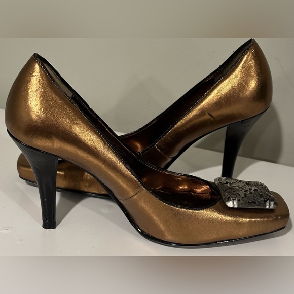 J. Renee Gold Bronze High Heel. Square Jewel Square Toe Vintage Look Sz 7. - Picture 3 of 16